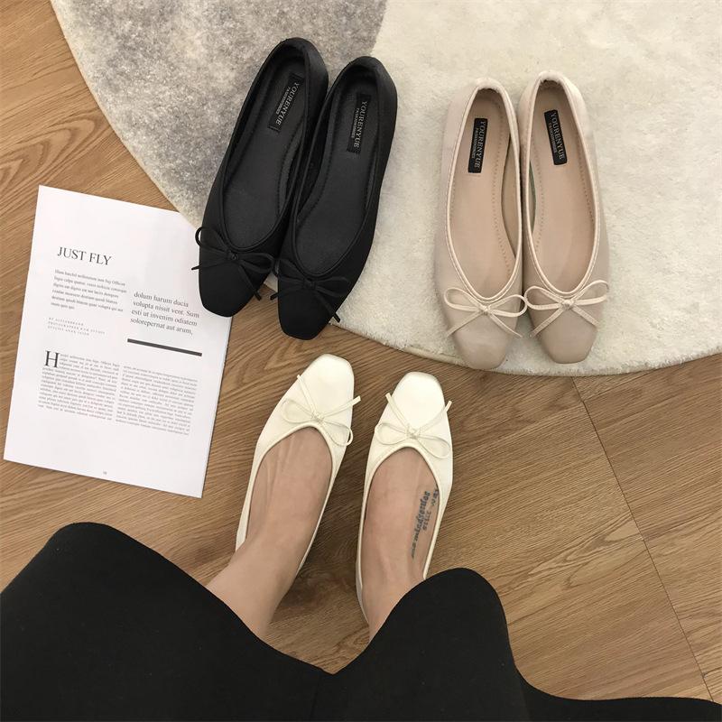 Champagne bow square head light mouth flat sole shoes women's summer 2025 new gentle satin grandma shoes