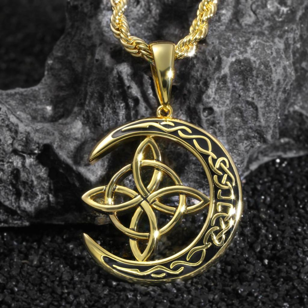 Viking Style Brass Celtic Trinity Knot Moon Pendant Necklace Jewelry