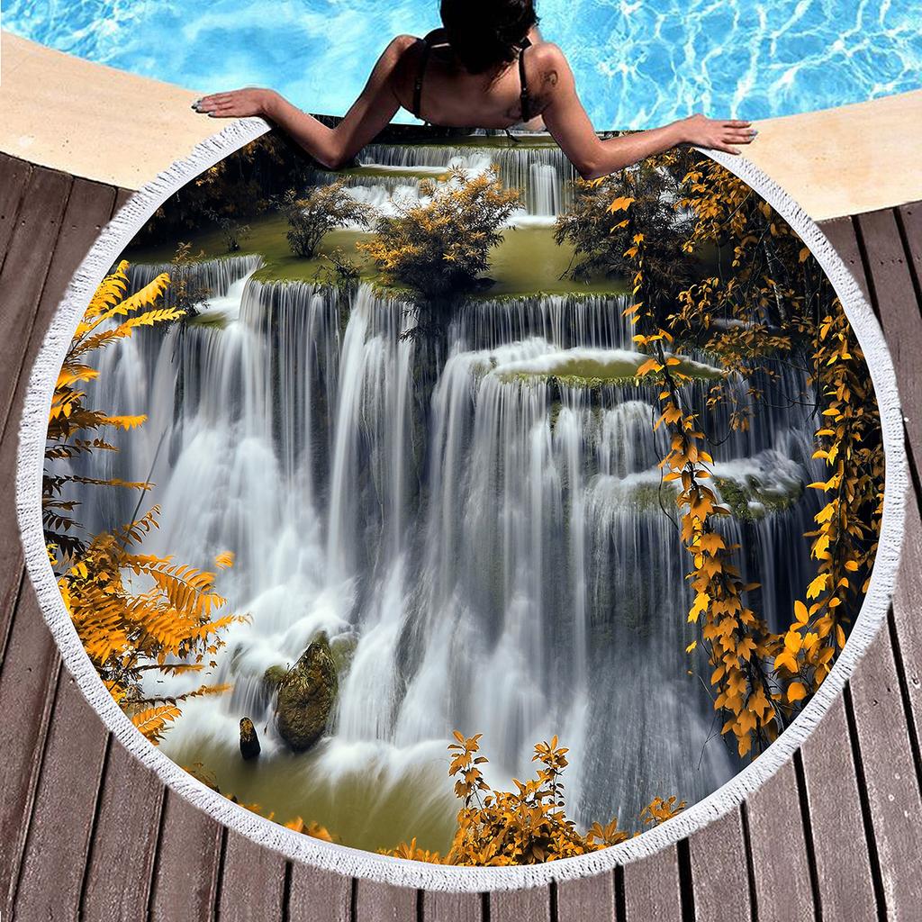 Natural Scenery Waterfall Print Round Beach Towel,Microfiber Comfortable Beach Blanket,Absorbent Quick Dry Pool Towel Picnic Mat