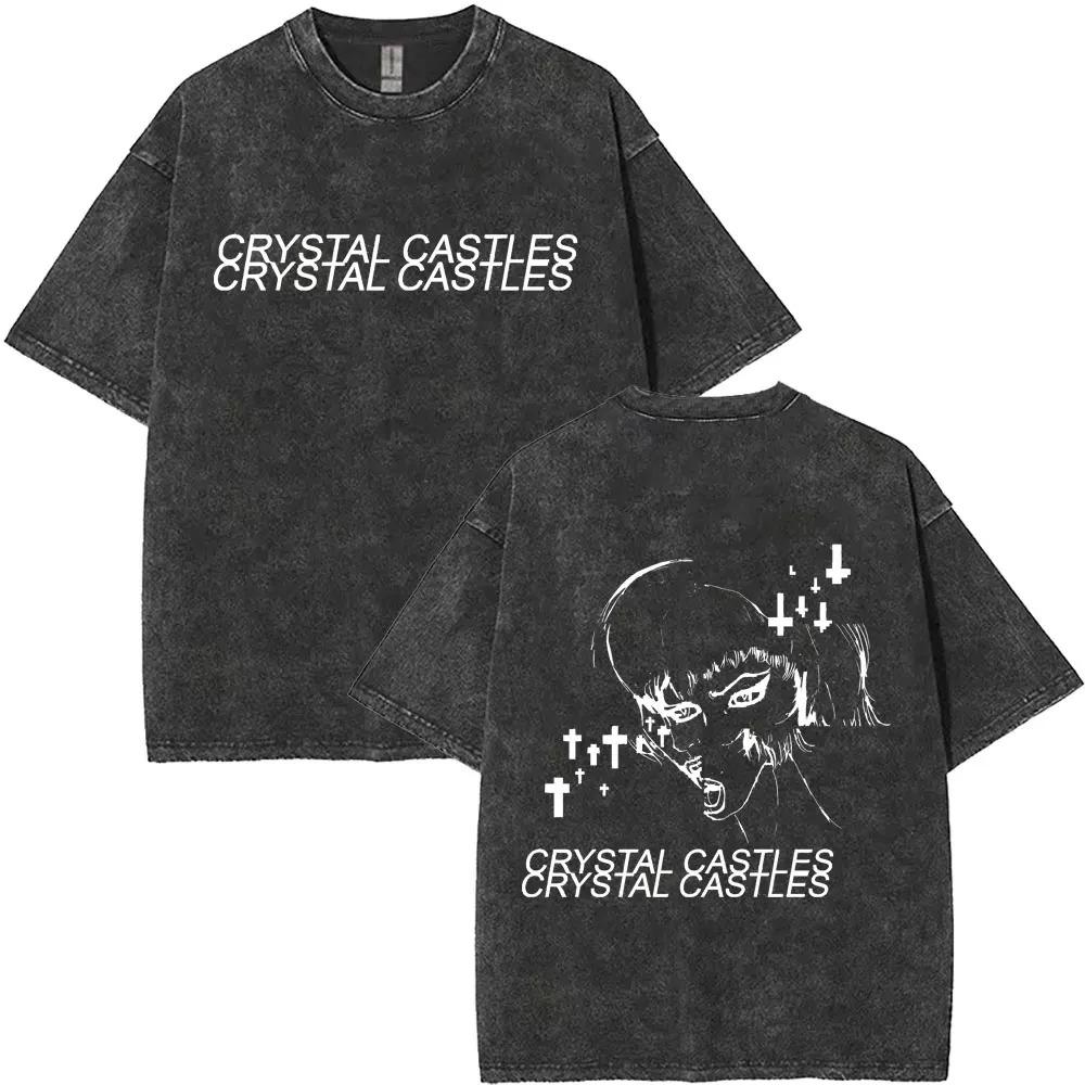 Crystal Castles Music Album II Double Sided Summer Cotton Printed Washed T-shirt Acid Washed high quality soft