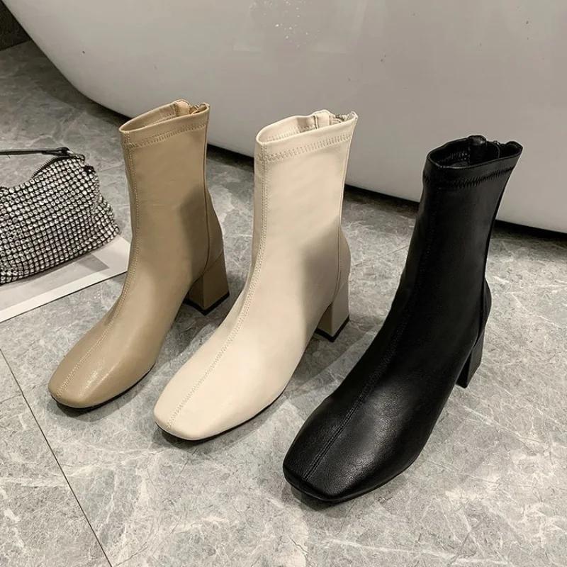 Jaro/podzim Dámské kotníkové boty na čtvercovém podpatku Dámské motorkářské boty Plus Size 34-43 Zapatos De Mujer Botas