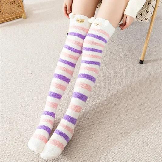 Over Above Knee Socks Long Womens Striped Panda Cat Winter Warm Ladies Girls Black White Funny Thigh High Stockings Christmas