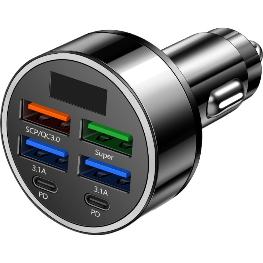 6 In 1 Multi Port PD Car Charger 12-24V With Digital Display 4USB + 2PD Car Charger Fast Charging Adapter For IPhone
