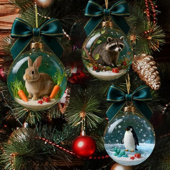 Animal Christmas Ball Ornaments Handcrafted 3D Turtle/Penguin/Bee/Dachshund Clear Ball Ornament for Xmas Tree Holiday Home Party Decor