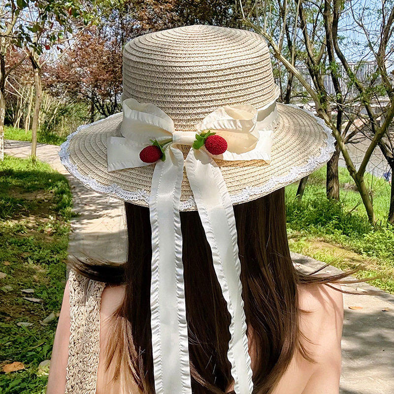 Women's Straw Sun Hat Summer Wide Brim Hat with Lace Trim and Strawberry Bow Breathable Beach Hat for Travel