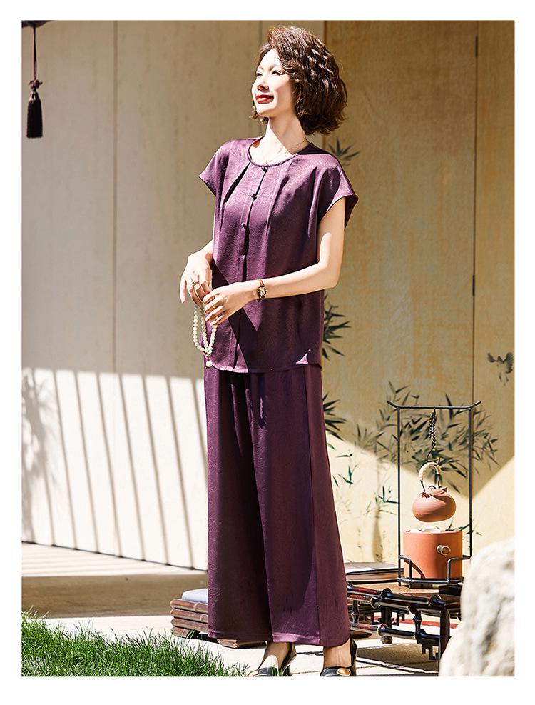 Chic Summer Short Sleeve Set for Middle-Aged & Elderly Women: Stylish Two-Piece with Wide Leg Pants