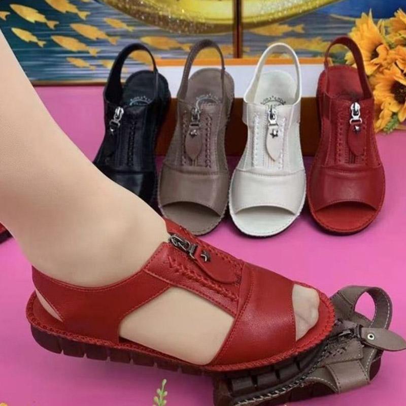 Mode Damen Sandalen Weiche PU Leder Sandalen Sommerschuhe für Damen Elegant Reißverschluss Flache Sandalias Mujer Rutschfestes Sommer-Schuhwerk Damen