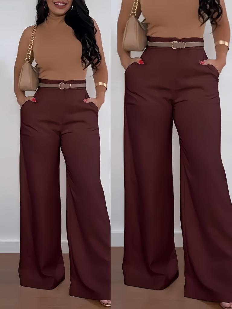Women's Mid High Waist Belted Wide Leg Suit Pants Solid Non Stretch Formal Long Trousers With Side Pockets Spring Winter Elegant Office Bottoms