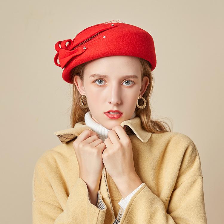 Autumn And Winter British Retro Flower Woolen Top Hat Women'S Elegant Temperament Stewardess Hat Korean Version Versatile Beret