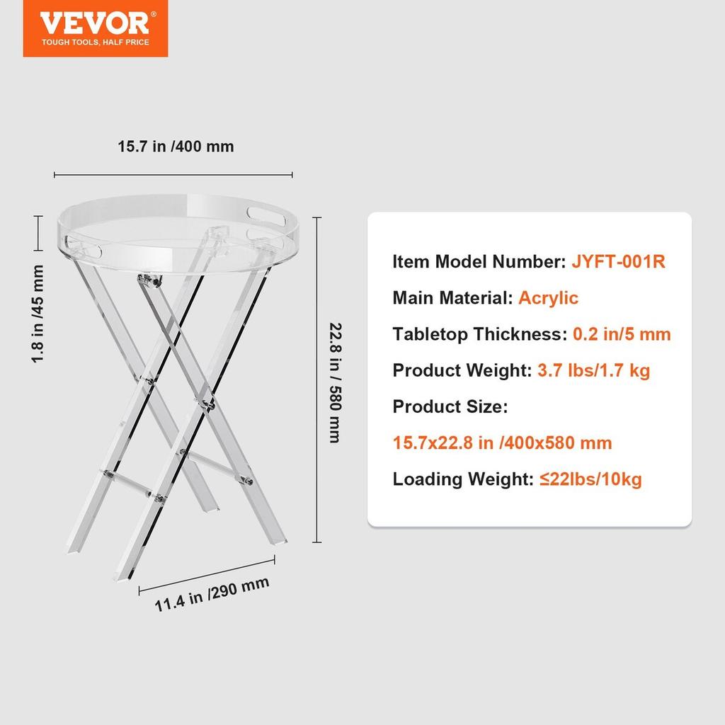 Acrylic Folding Tray Table, Acrylic End Table with Folding X Leg, Clear Acrylic Side Table for Coffee, Drink, Food, Snack Used In Living Room,