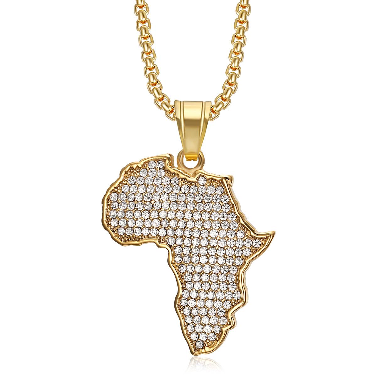2026 Jewelry Fashion Trend Inlaid Zircon Pendant Necklace Men s Exquisite Jewelry Necklace Inlaid Diamond Africa Map Pendant Necklace 60CM