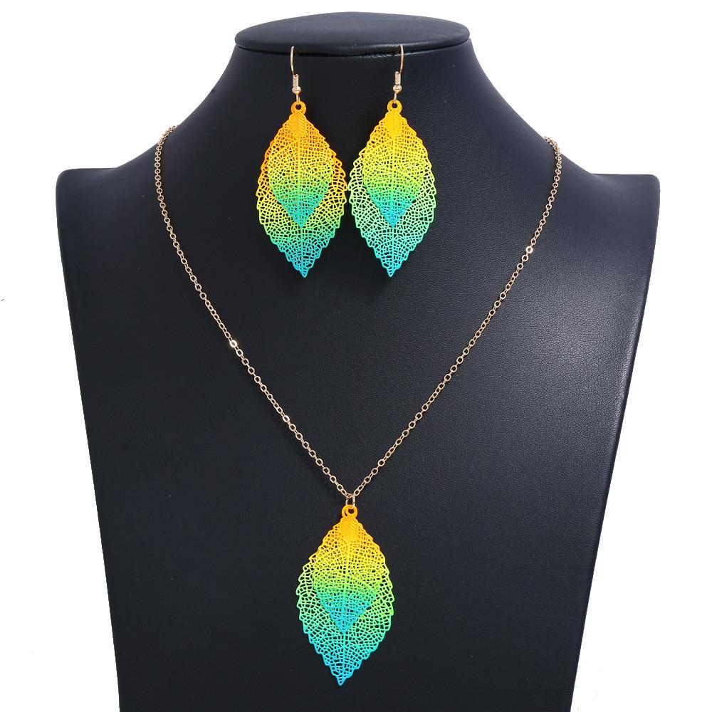 Vintage Leaf Jewelry Set With Stainless Steel Metal Pendant And Box Chain For Boho Style Fans