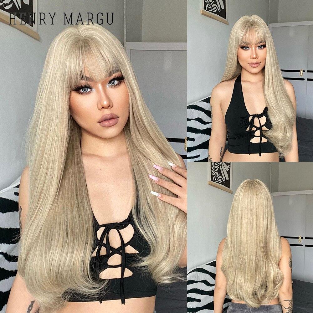 LOUIS FERRE Blonde Long Synthetic Wigs With Bangs Light Blonde Natural Straight Wig for Women Daily Cosplay Heat Resistant Hair