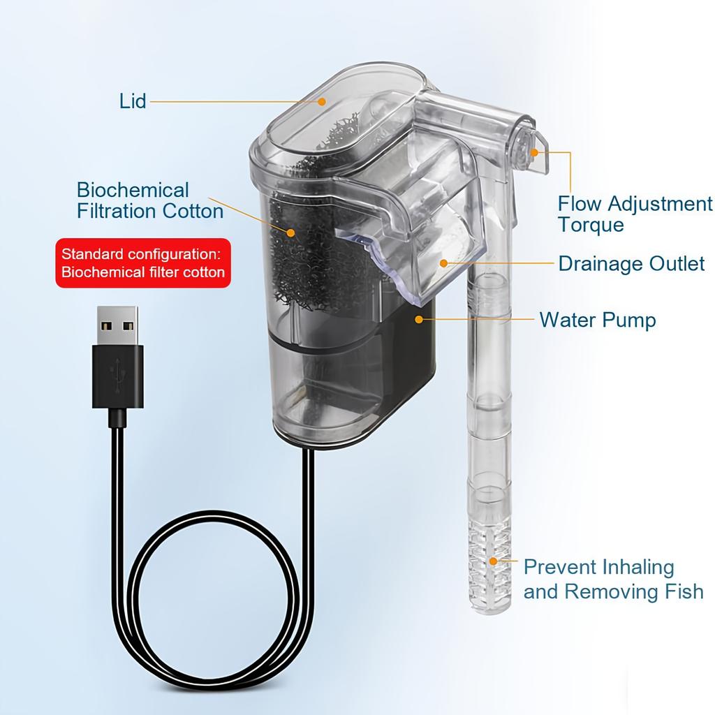 Aquarium Hanging Filter Mini Filter Fish Tank USB Power Interface 2.5W Flow 250H/L Suitable for Fish Tanks Below 30cm