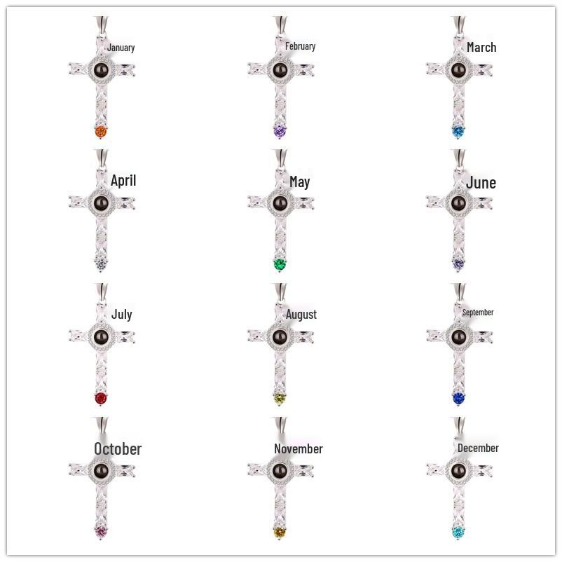 Zircon Cross Projection Necklace with Custom Engraved Text & Photo