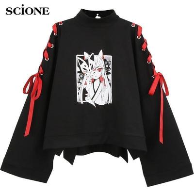 Damenbekleidung Anime Bedrucktes Kreuzband Herren T-Shirt Harajuku Frühling Top Hoodies Sweatshirt Japanischer Stil Anime Top