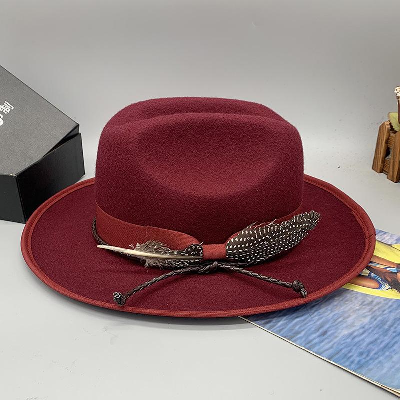 Vintage Woolen Top Hat Men'S And Women'S Wide-Brimmed Jazz Hat British Style Feather Decorative Versatile Hat
