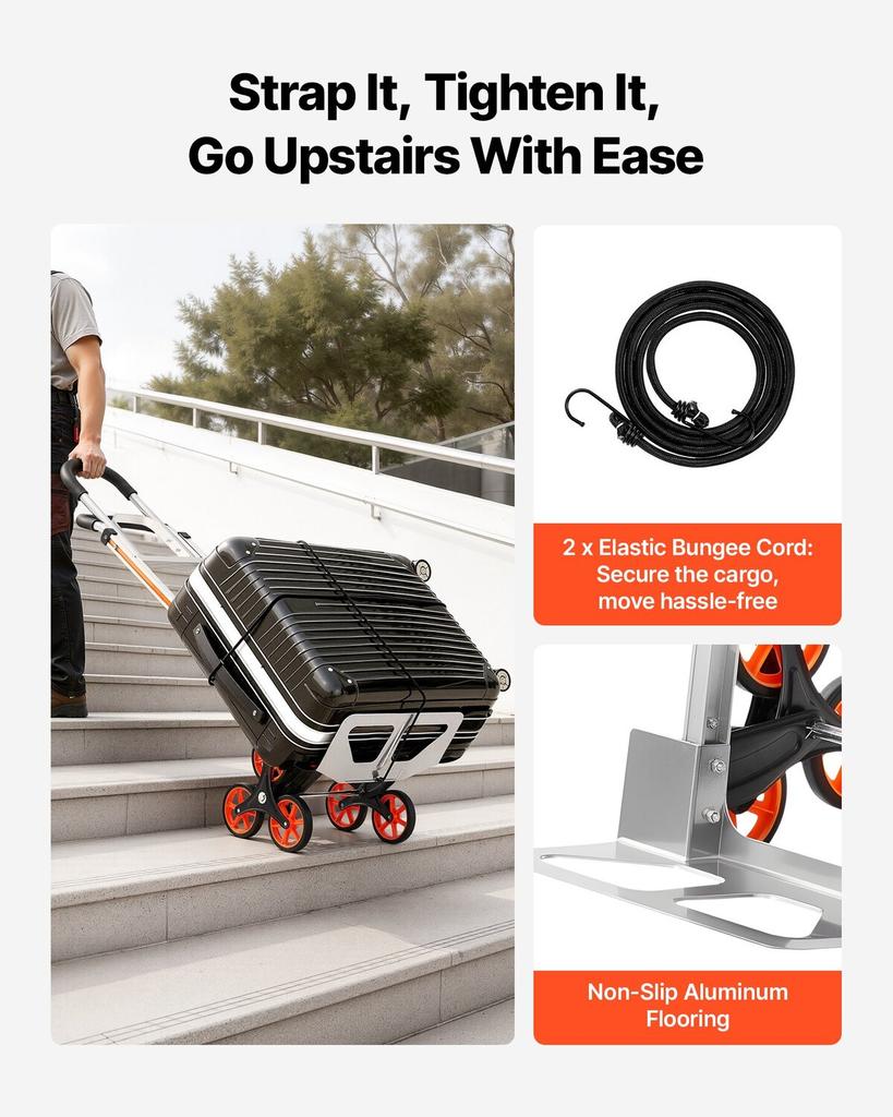 Stair Climbing Cart, 150 Kg Stair-Climb Capacity, Aluminum Alloy Folding Trolley Cart with Telescoping Handle, 6 Wheels and 2 Bungee Cords, Stair