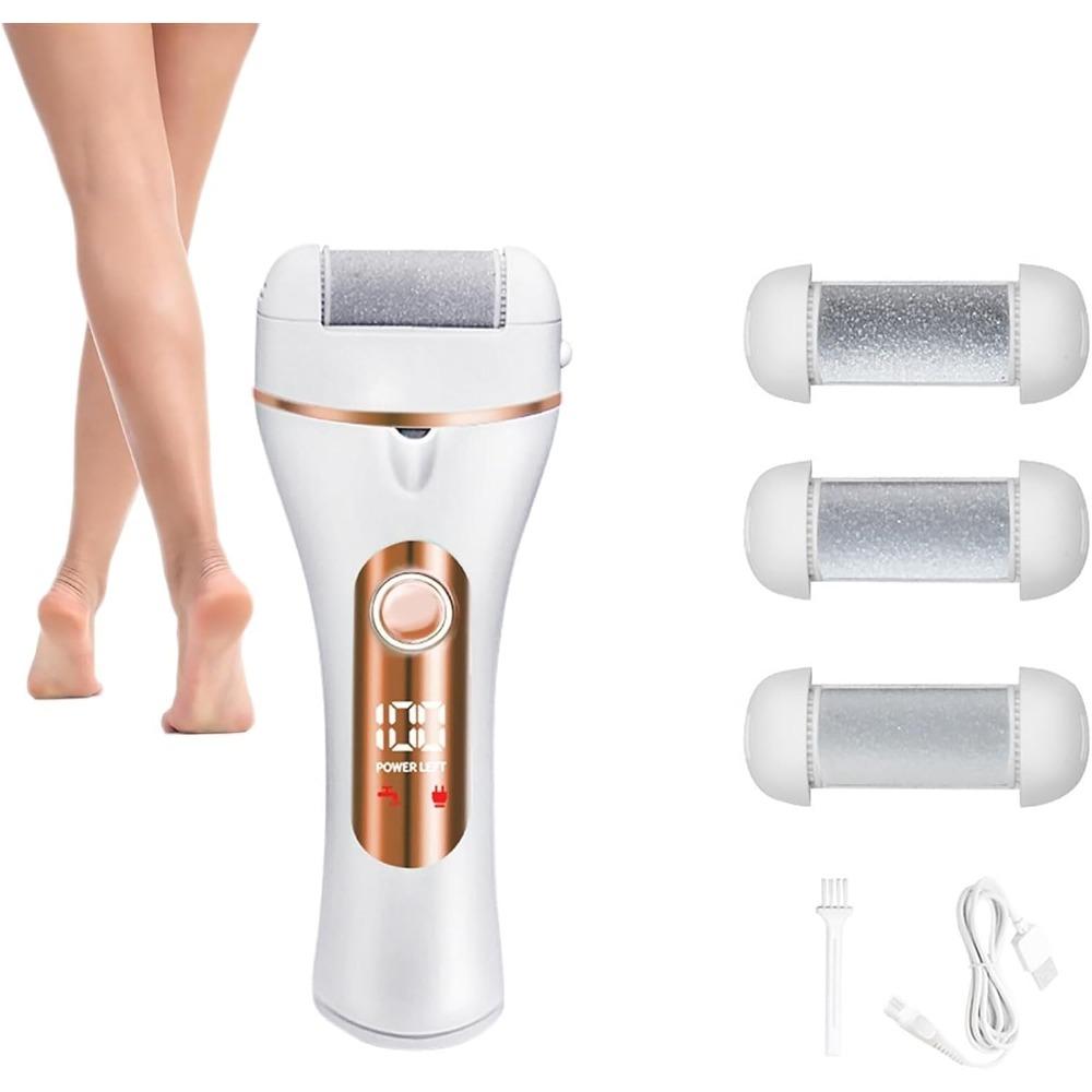 Cordless Electric Feet Callus Remover, Electric Foot Callus Remover with 3 Interchangeable Rollers and LED Lighting, 2 Speeds Adjustable