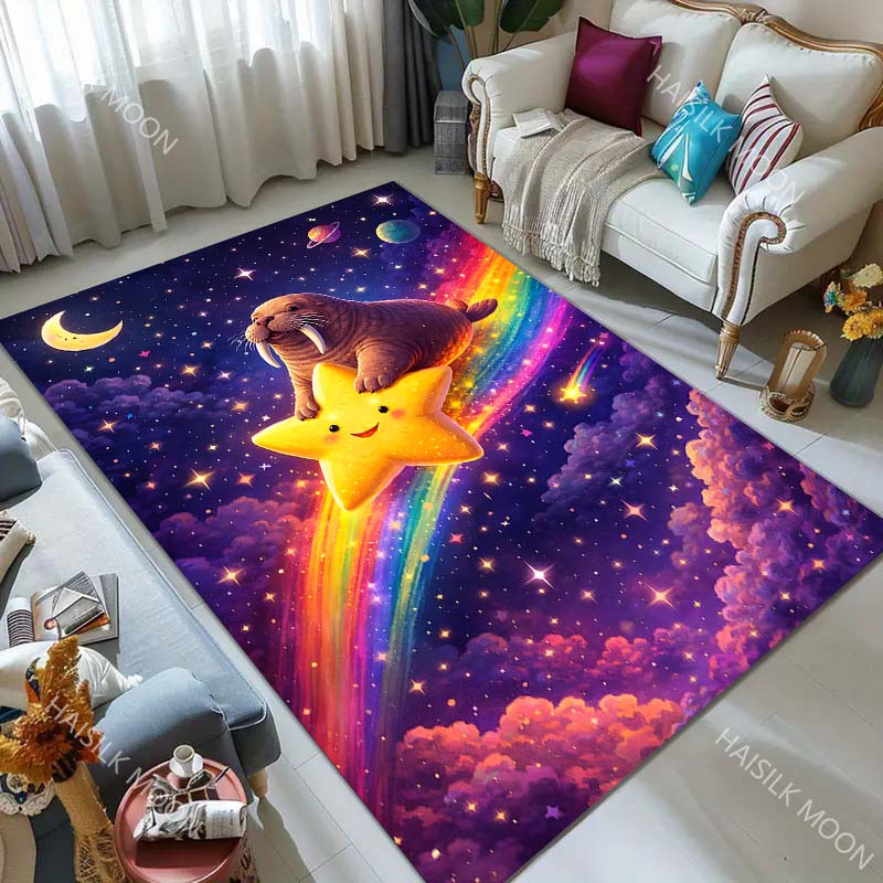 1PC Walrus rides star across rainbow sky Print Carpet for Living Room Bedroom Sofa Home Decor Rus Non-slip Floor Mat Luxury Gift
