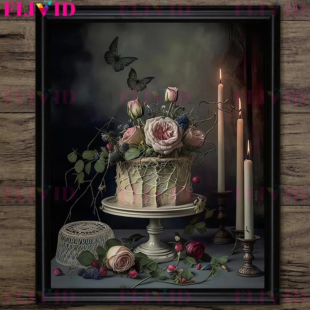Dunkler Waldpilz und Vintage Rosa Rosen Vintage Wandkunst Druck Dunkel Botanisch Hexerei Gotischer Druck Wohnzimmer Dekoration