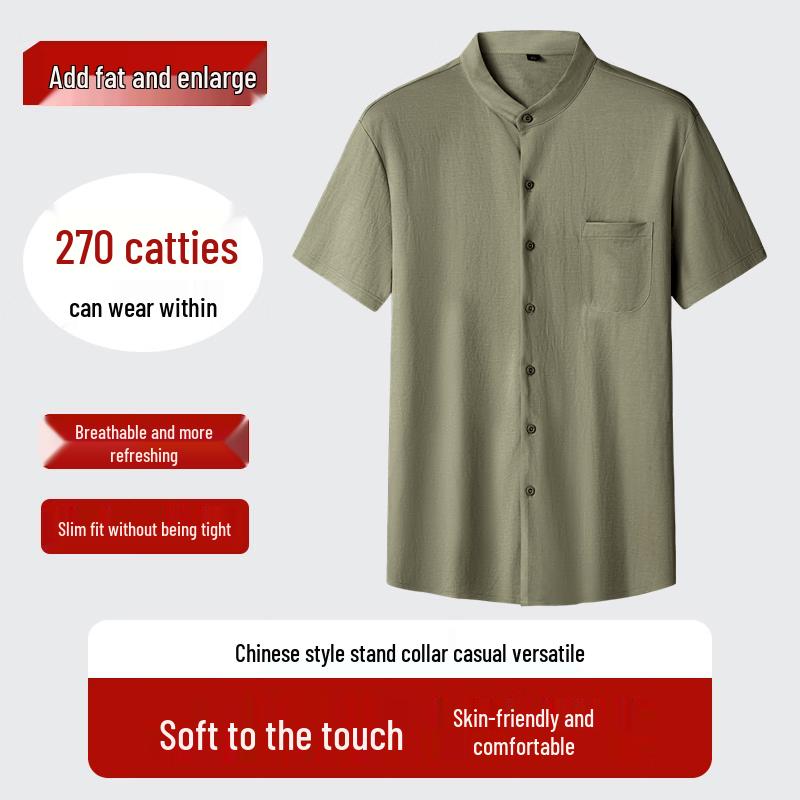

Men s Plus Size Cotton Linen Blend Short Sleeve Stand Collar Shirt 3XL