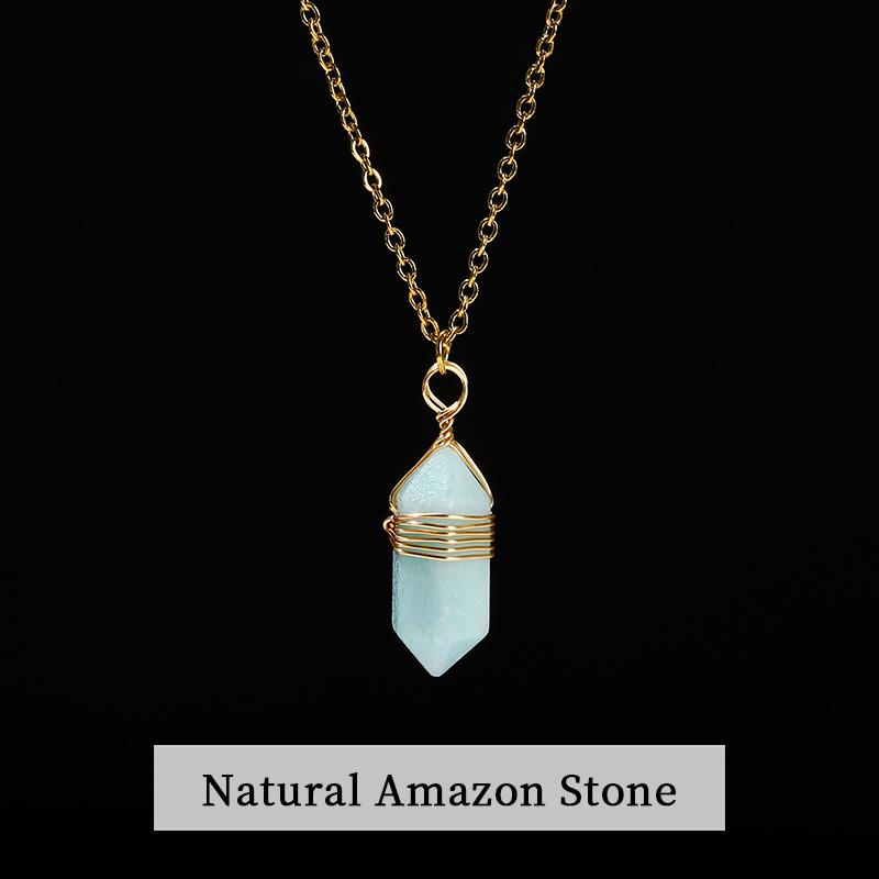 JD Natural Stone Amethyst Yellow Tiger Eye Obsidian Hexagon Column Charm Necklace Women Men Fashion Energy Healing Chain Choker