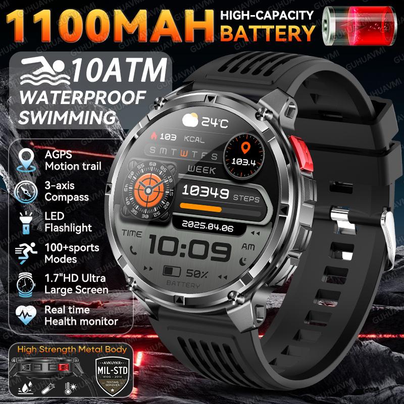 New Military Men 1100mAh Durable Battery Smart Watch With GPS Compass 10ATM Waterproof 1.7"AMOLED Screen Outdoor Swim Smartwatch
