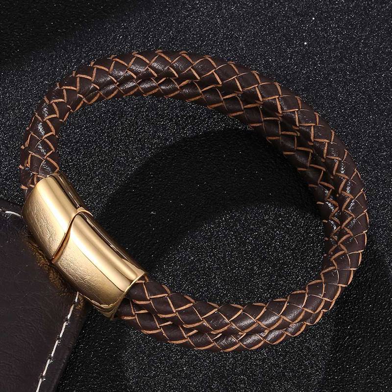 Vintage Double Layer Braided Brown Men Genuine Leather Bracelet Charms Man Jewelry Bracelet Gift