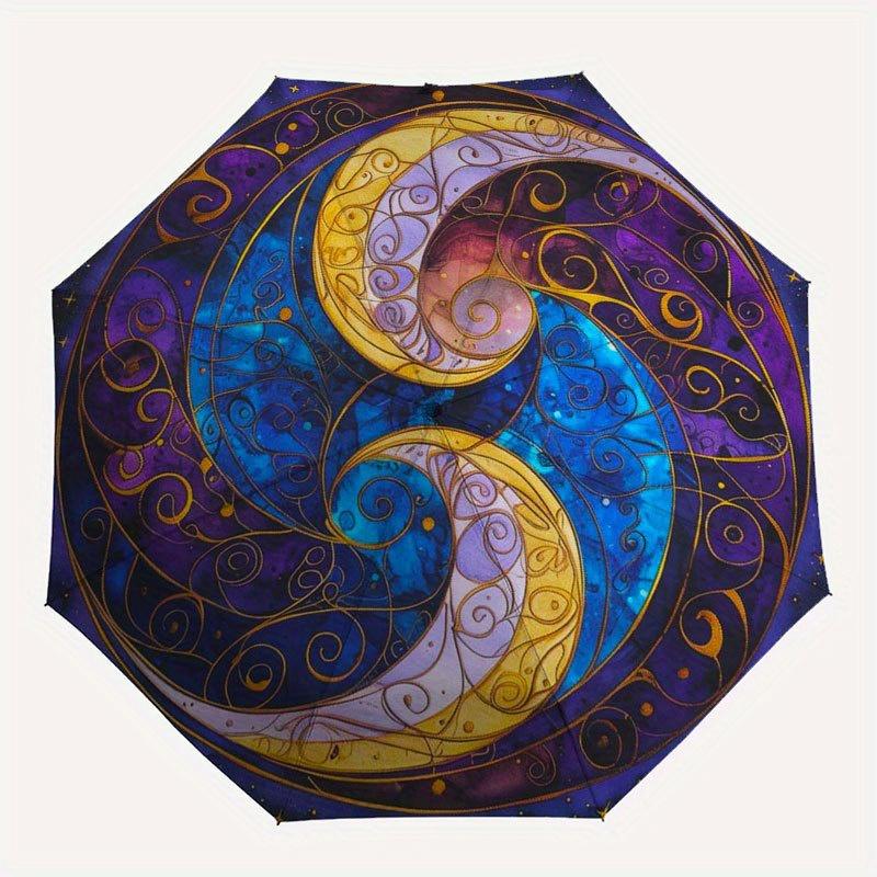 Yin Yang Moon Phases Wall Art: Celestial Harmony DecorUmbrella with Cute Design, Portable 3-Fold Compact Umbrella for Men & Women, Valentine's Day Mot