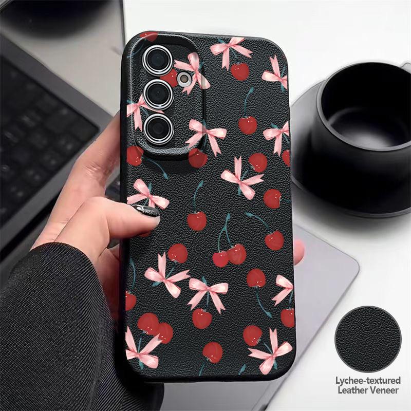 Cherry Bowknots Print Case For Samsung S26 Ultra S25 A18 S24 S23 S22 S21 FE A15 A16 A17 A35 A36 A37 A54 A55 A56 A57 Leather Texture Silicone Cover
