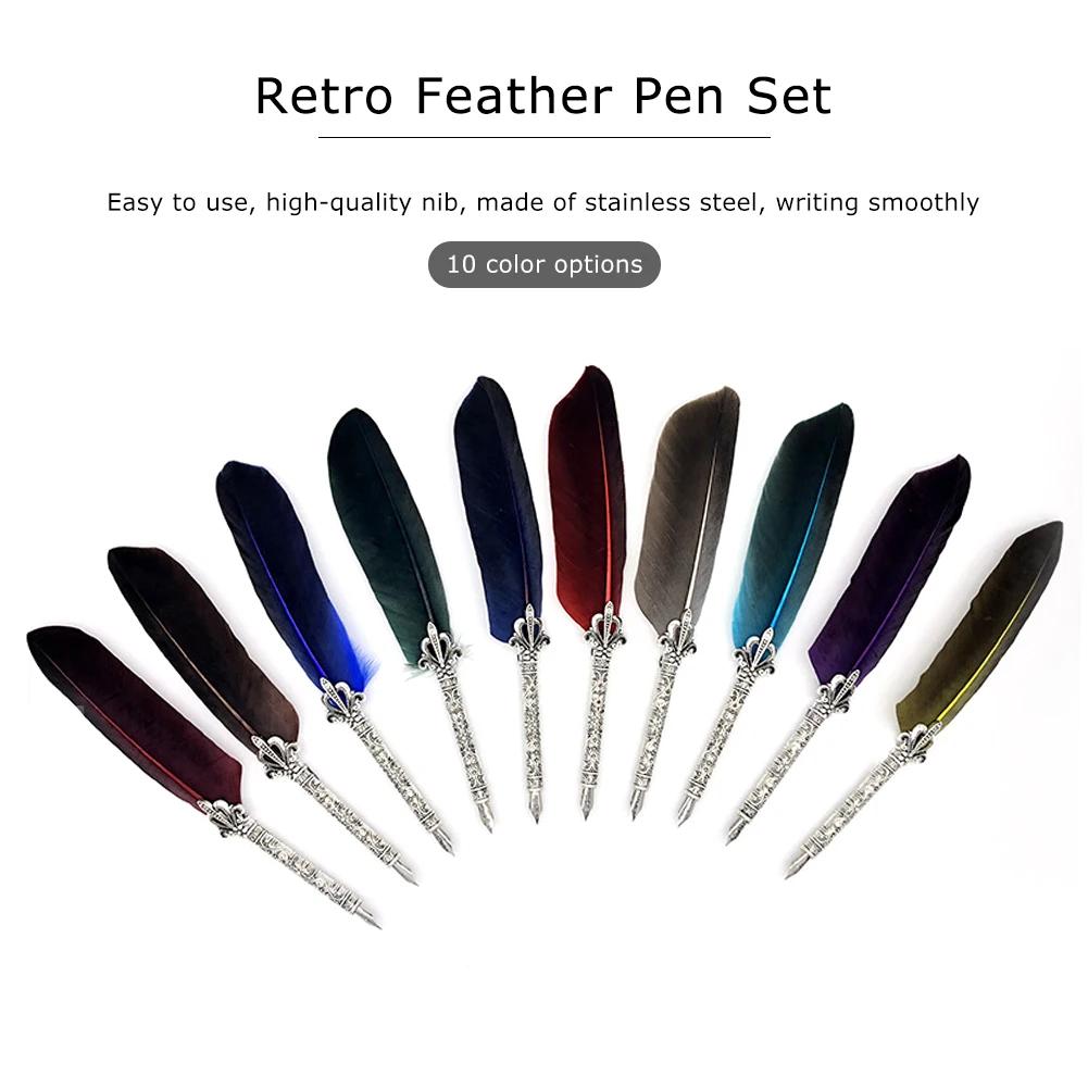 1 Set Vintage Feather Pen with 5 Pen-Nibs Oblique Pen Set Retro Calligraphy Feather Dip Pen Creative Birthday Holiday Gift Set