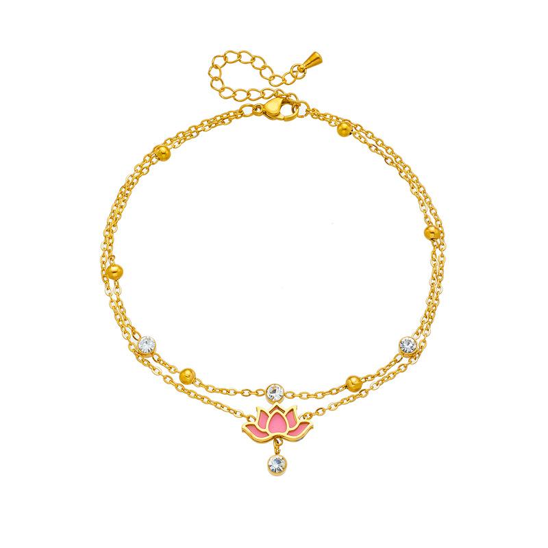 Gold Double Layer Anklet with Pink Lotus Pendant Zircon, Dainty Foot Chain for Women Summer Beach Jewelry