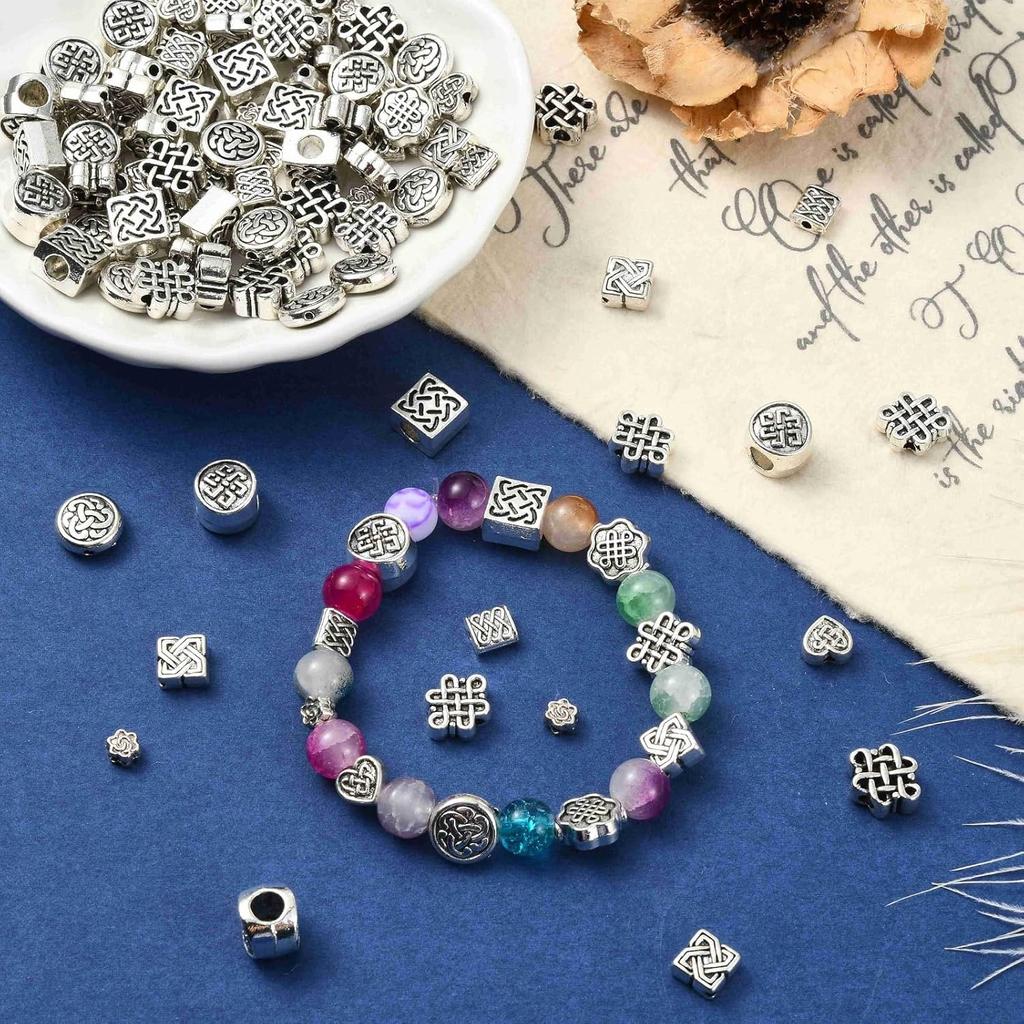 KitBeads 100Pcs 10 Styles Tibetan Chinese Knot Round Beads Metal Celtic Knot Square Rectangle Spacer Beads for Jewelry Making Bracelets Earrings