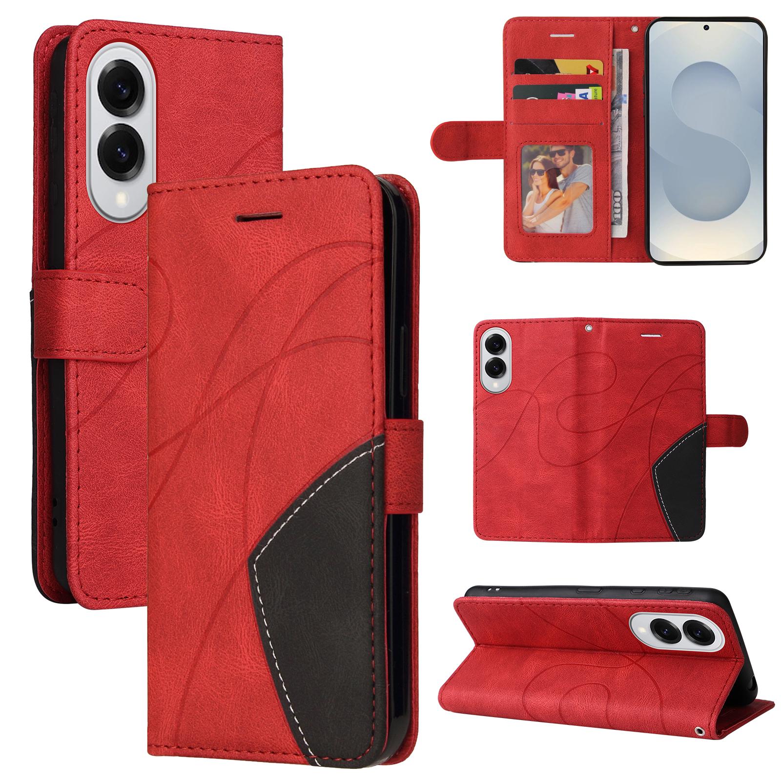 

For Samsung Galaxy S25 Edge Leather Phone Case Stand Wallet with Bi-colour Splicing Design Red