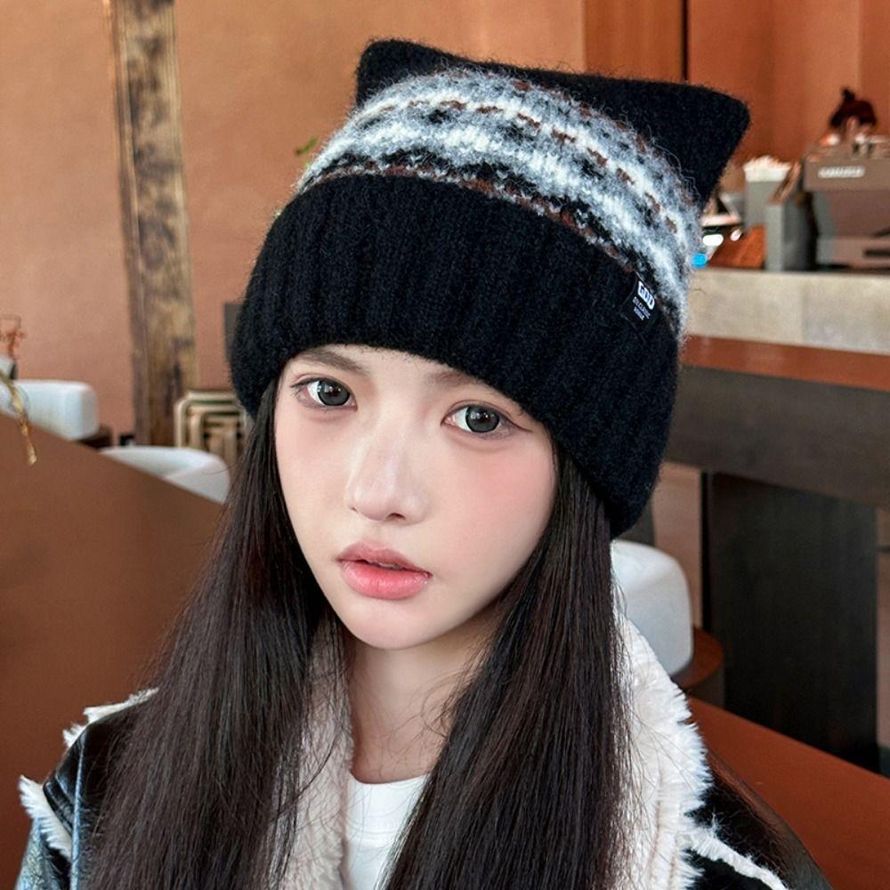 Printed Jacquard Knitted Hat Fleece-lined Printing Knit Cap Retro Cat Ears Beanies  Girls
