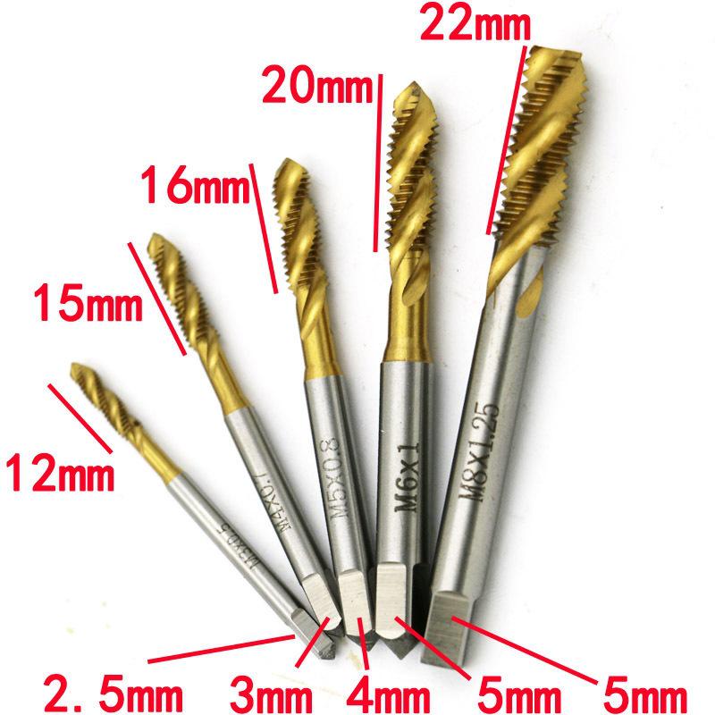 Titanium-Plated High-Speed Steel Spiral Groove Tap Set, M3-M8mm