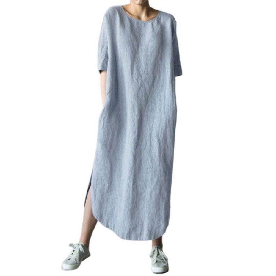 Cotton Linen Loose Fit Casual Dress With Pockets For Office Wear 2024 Autumn