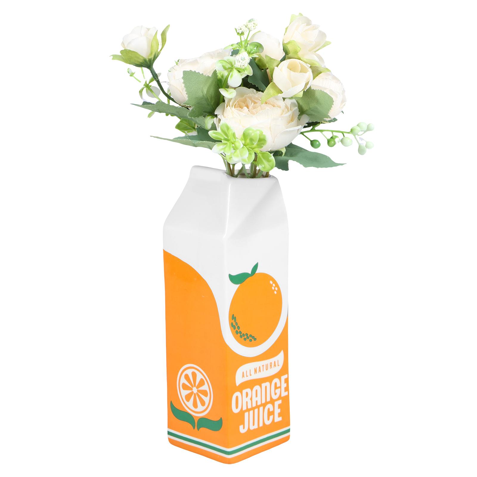 

Orange Juice Vase Vintage Juice Box Vase Creative Flower Vases Decor Cute Ceramic Strawberry Vase for Desktop Flower Arrangemen