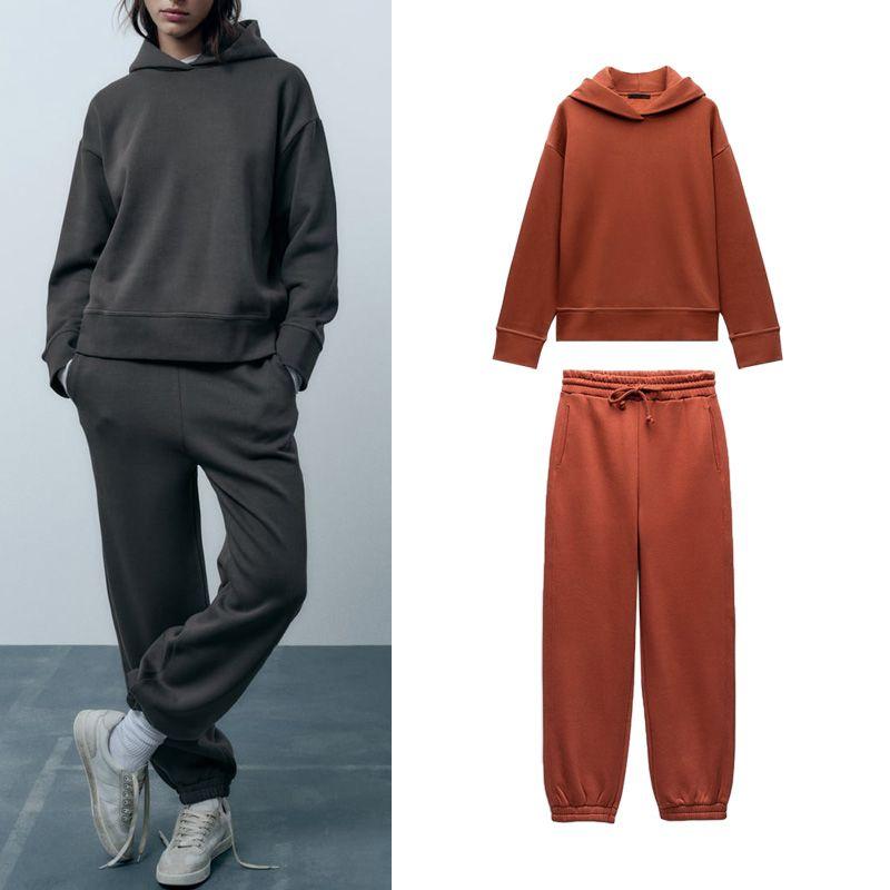 Spring New Arrival Basic Style Cotton Blended Hooded Sweatshirt 3199629 High Waist Flannel Jogger Pants 3199630
