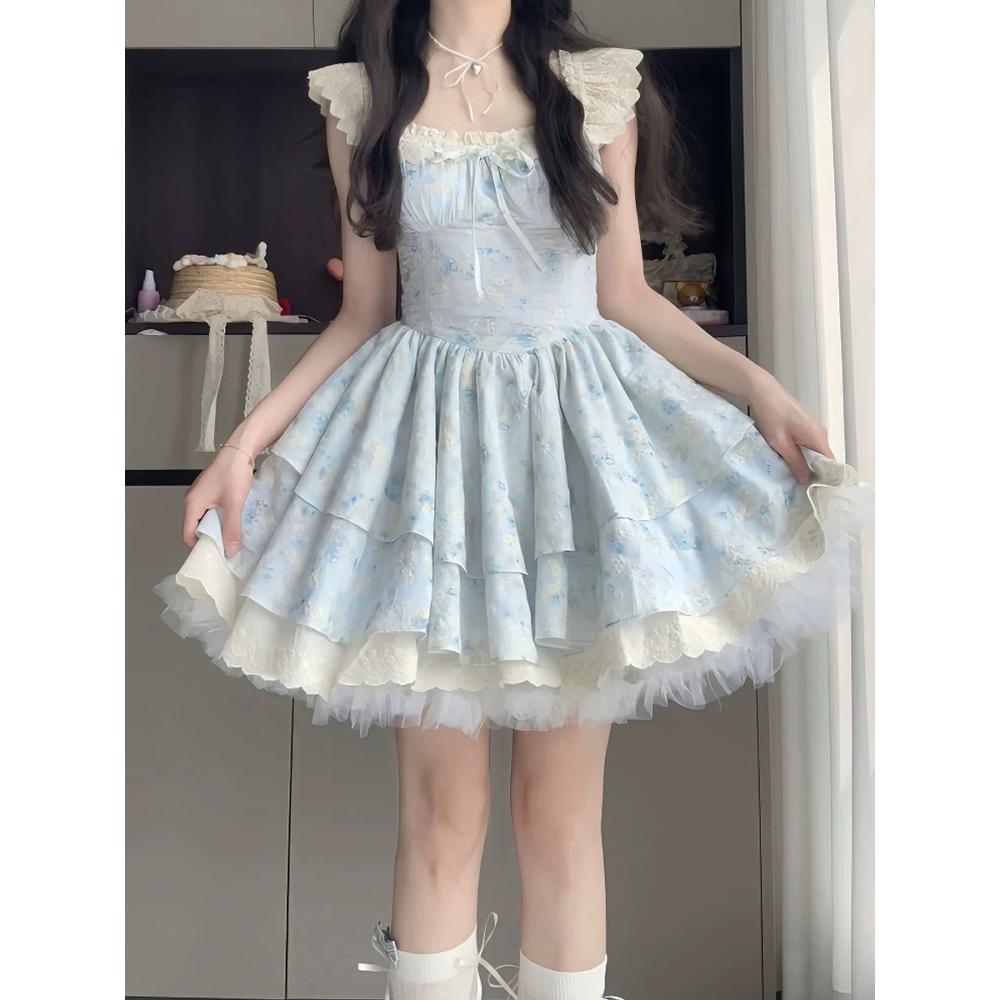Summer sweet and gentle wind lace floral small flying sleeves splicing A word princess puffy dress dress waist and thin
