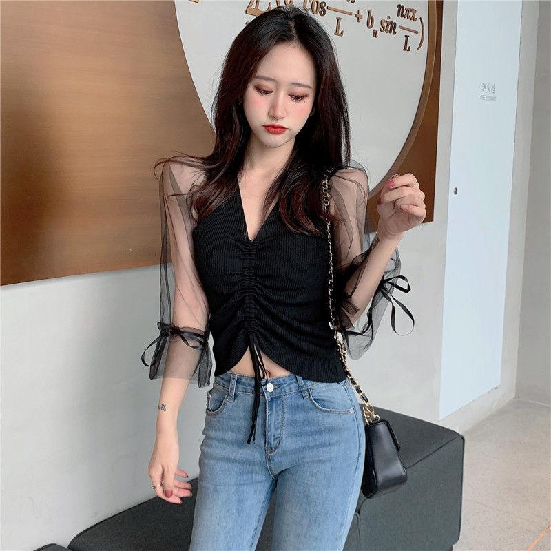 V-Ausschnitt Design Koreanische Version Oberteil Damen Sommer Modisch und Sexy Strickpullover mit Kordelzug