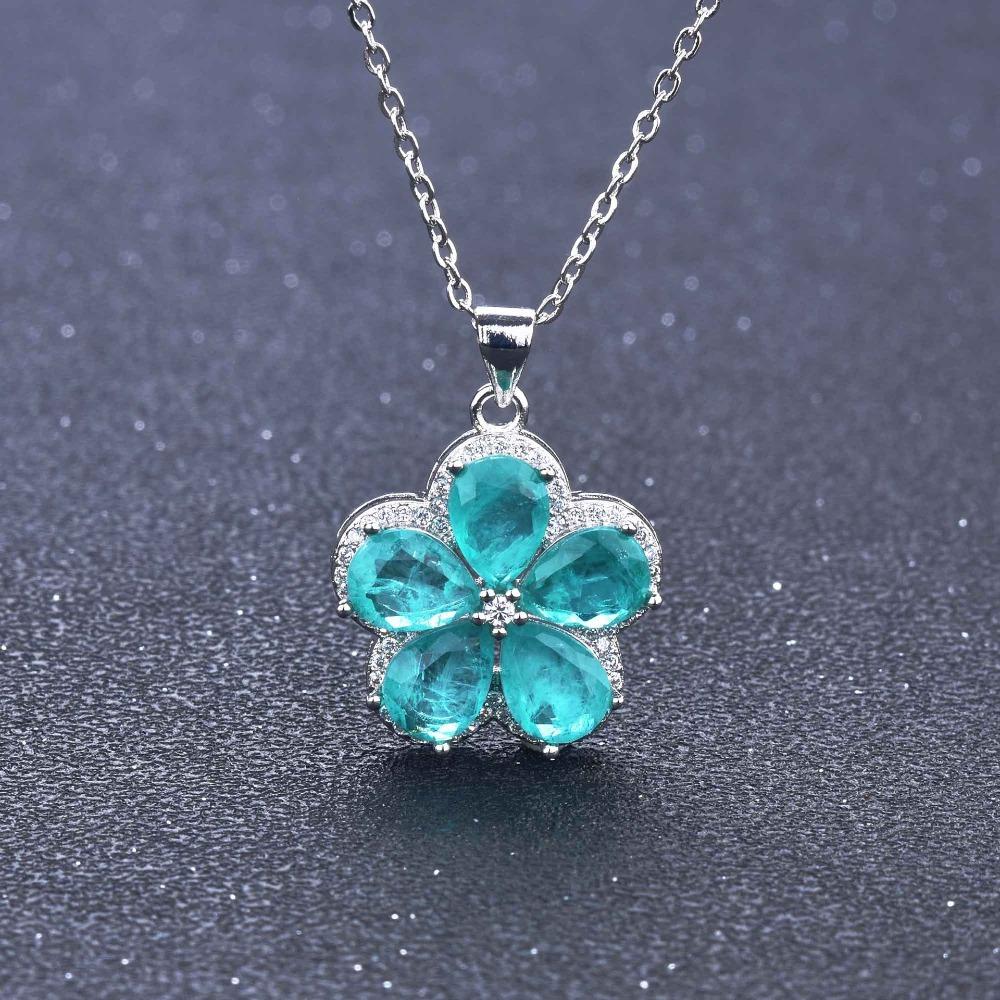 Paraiba Color Gemstone Pendant Necklace Micro Paved Diamond Teardrop Clover Flower Necklace for Women