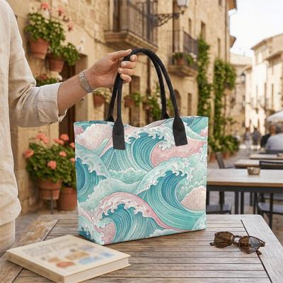  Retro Wave Pattern Tote Bag Large Capacity Casual Shoulder Bag for Daily Use Beach Travel