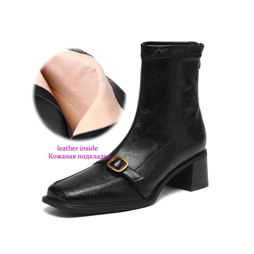 Krazing Pot Microfiber Square Toe Thick Heels Chelsea Boots Size 42 Zip Women Metal Buckle Elastic Ankle Boots