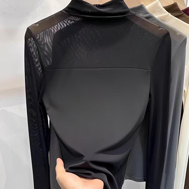 

2025 Сексуальный черный сетчатый топ с полувысоким воротом и облегающего кроя для женщин XL (100-110 lbs) чёрный