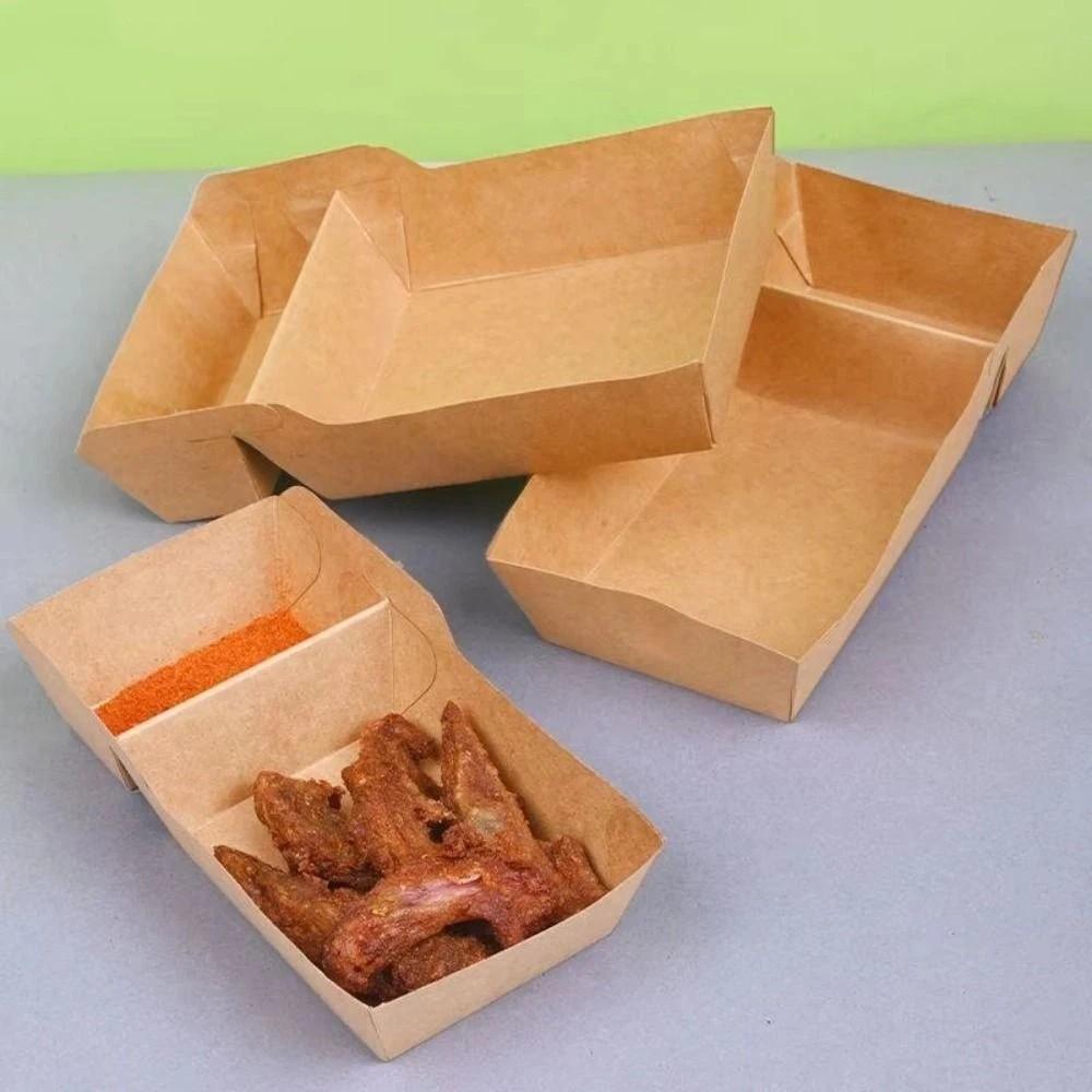 50Pcs 320/440/520ML Capacity Snack Fries Plate Two Grids Kraft Paper Snack Box  Fried Chicken