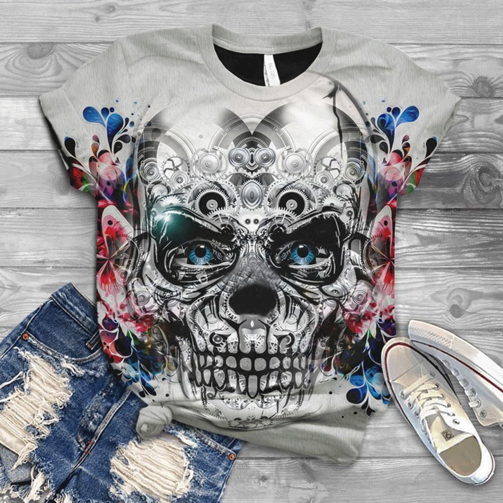 Summer Round Neck 3D Skull Print Top Fashionable Casual Short Sleeved Women's T-shirts