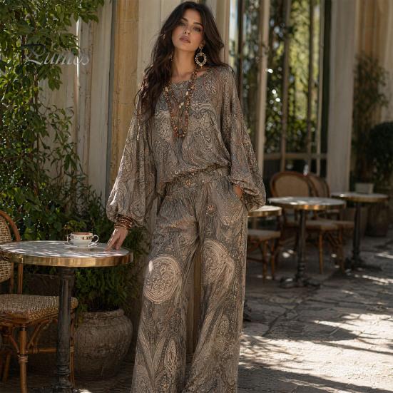 Atmungsaktive Stoffkleidung Boho-Print 2-teilige Sets für Damen, Lässiges Langarm-Oberteil Figurschmeichelndes Outfit für Birnenform, Weite Hosen Passende Sets, Sommer