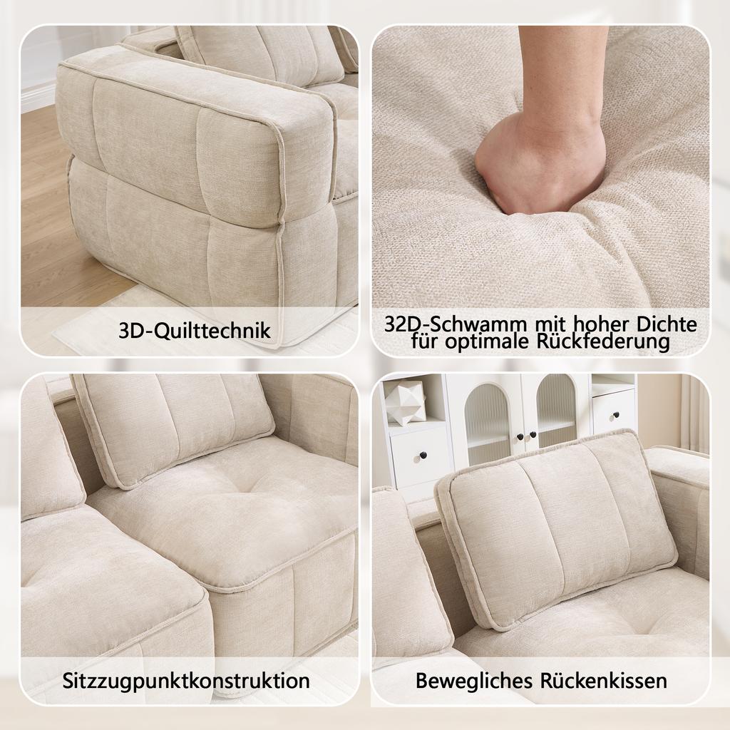 4-Seater U-Shaped Modular Sofa Without Frame, 2 Stools, 32D High-Density Foam, Soft Fabric Cover, Non-Slip, Living Room, No Assembly Required, Beige.
